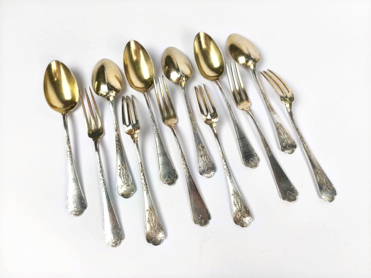 Puiforcat (& Lambert?): Six Cutlery Sets For Entremets / Desserts In Solid Silver & Vermeil. 19th Century-photo-2