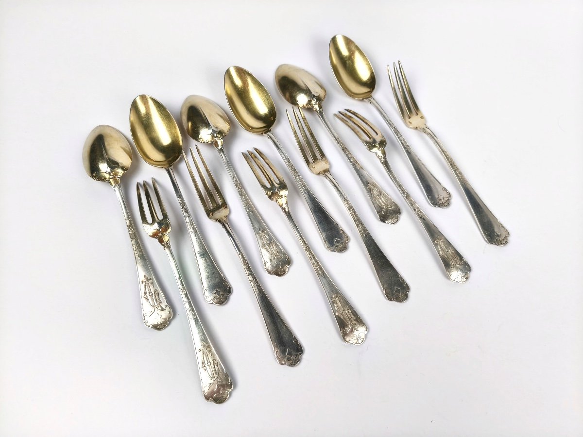 Puiforcat (& Lambert?): Six Cutlery Sets For Entremets / Desserts In Solid Silver & Vermeil. 19th Century-photo-3