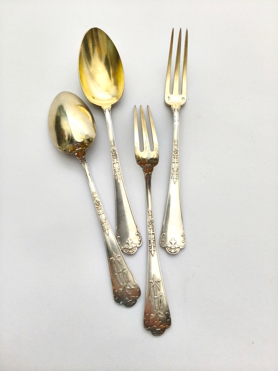 Puiforcat (& Lambert?): Six Cutlery Sets For Entremets / Desserts In Solid Silver & Vermeil. 19th Century-photo-4