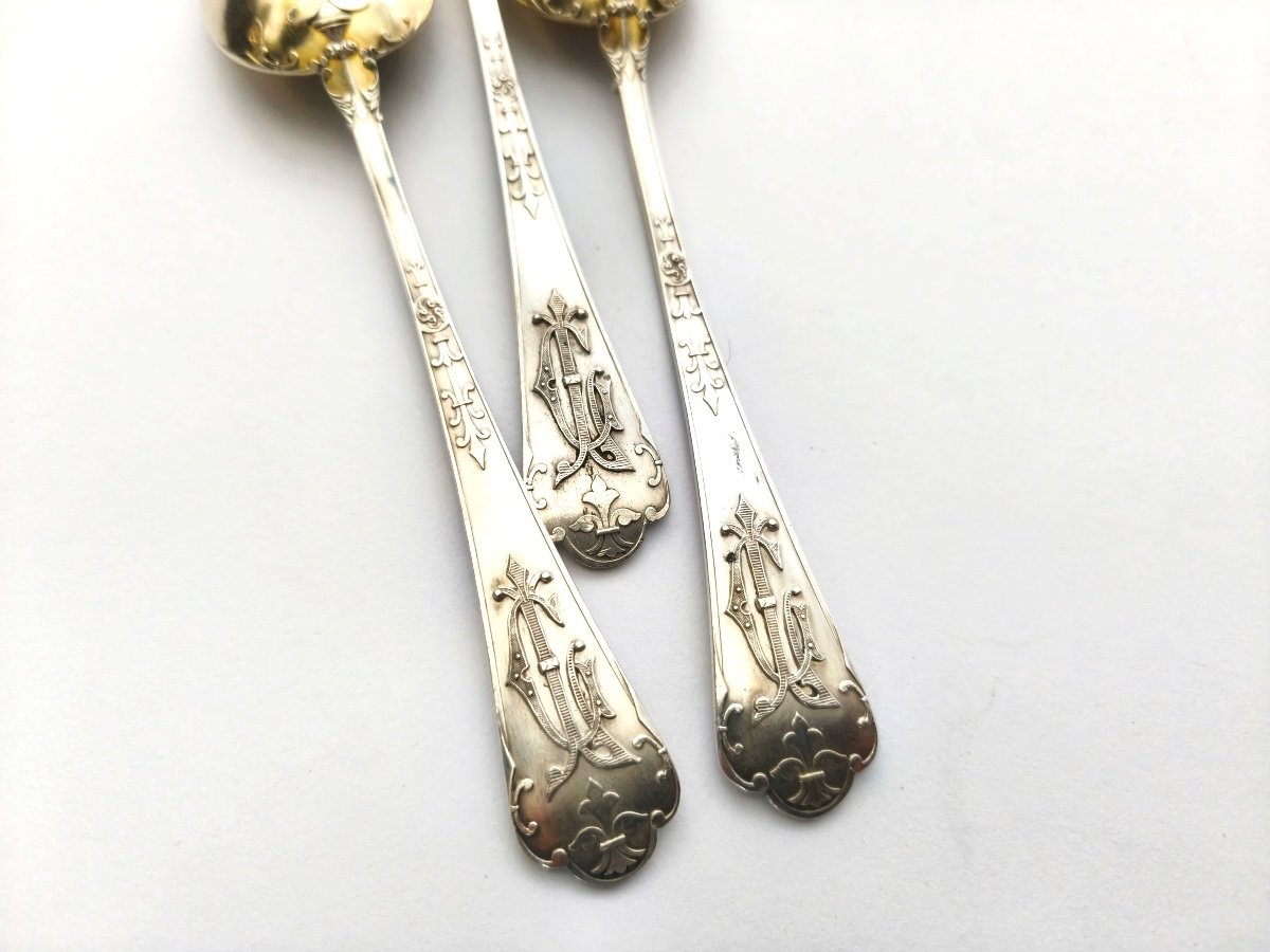 Puiforcat (& Lambert?): Six Cutlery Sets For Entremets / Desserts In Solid Silver & Vermeil. 19th Century-photo-2