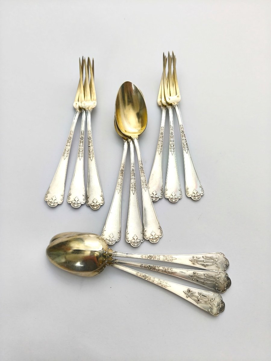 Puiforcat (& Lambert?): Six Cutlery Sets For Entremets / Desserts In Solid Silver & Vermeil. 19th Century-photo-8