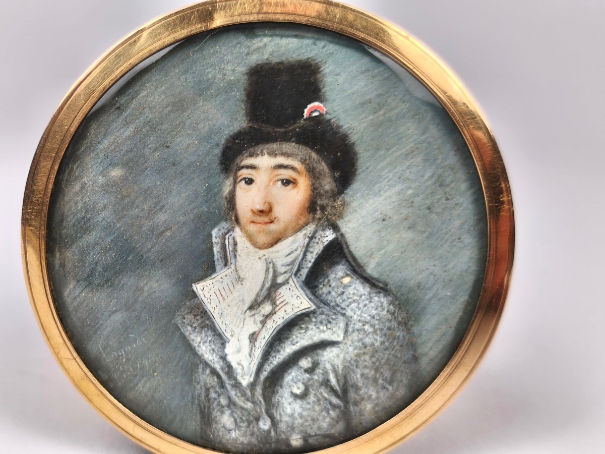 Miniature Portrait From The Revolutionary Period, Man With A Cockade, Gold Frame. 18th Century, Directory-photo-2