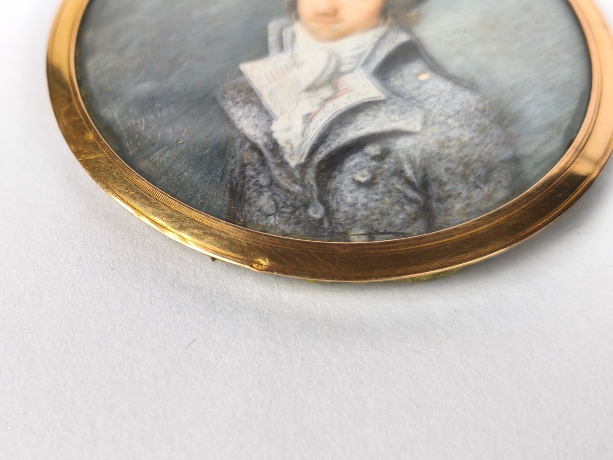 Miniature Portrait From The Revolutionary Period, Man With A Cockade, Gold Frame. 18th Century, Directory-photo-4