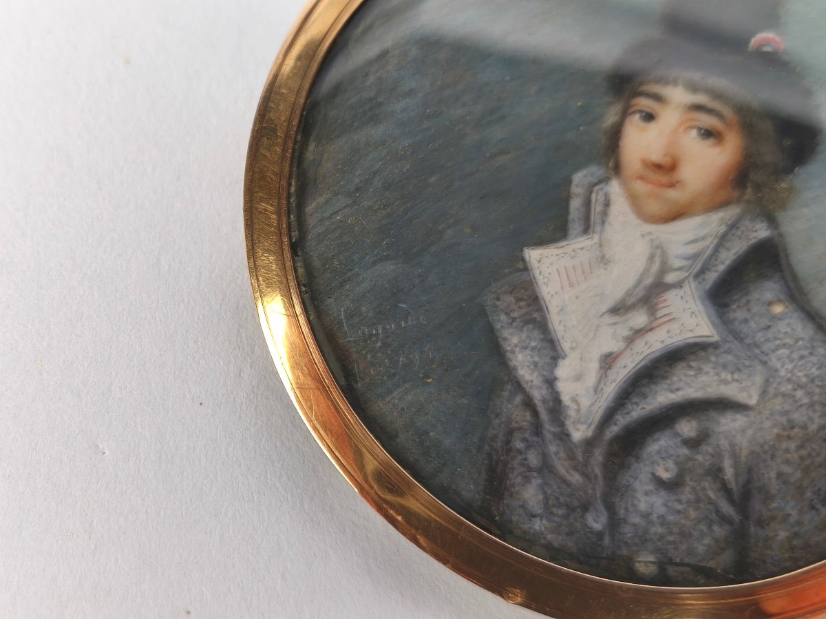 Miniature Portrait From The Revolutionary Period, Man With A Cockade, Gold Frame. 18th Century, Directory-photo-5