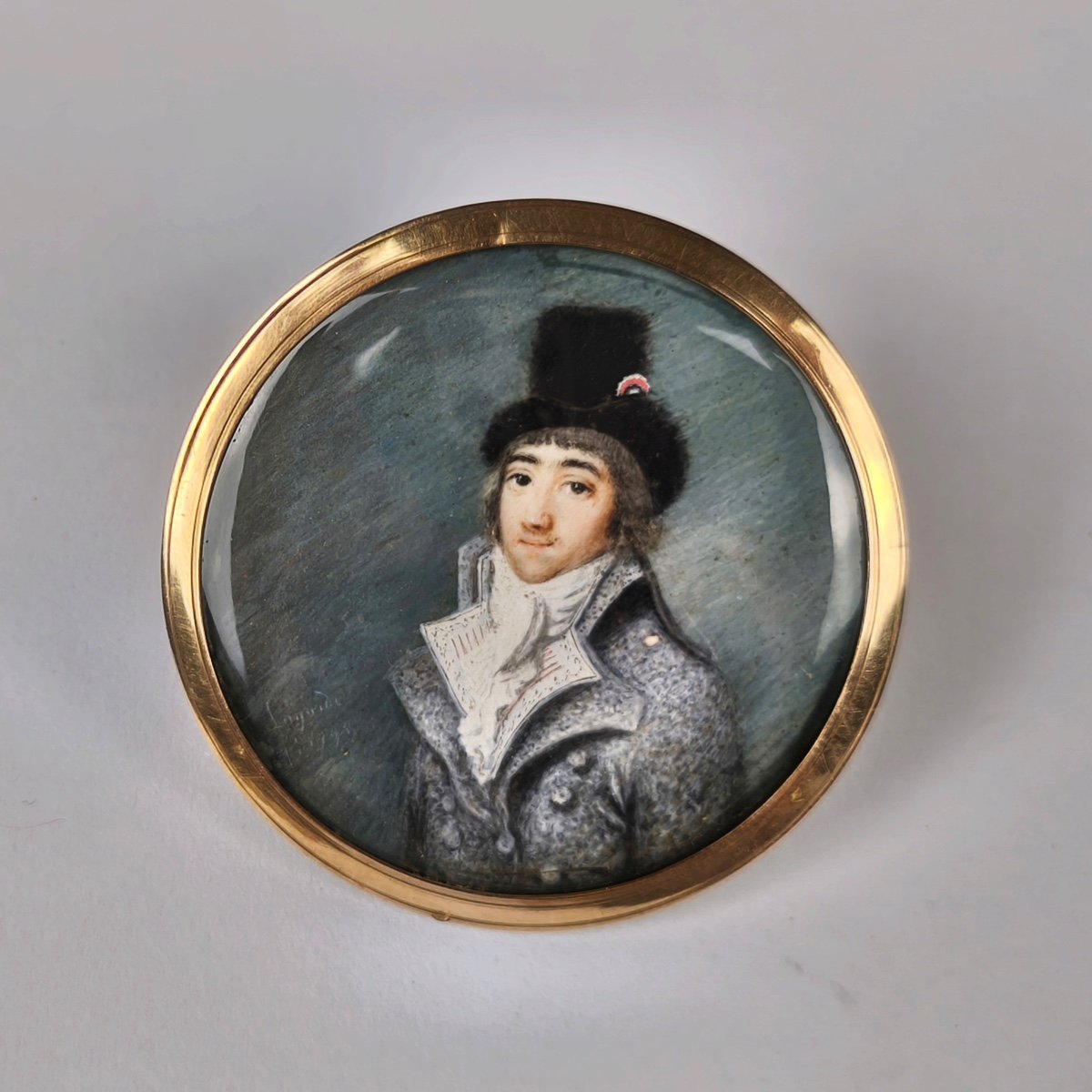 Portrait Miniature D’époque Révolutionnaire, Homme A La Cocarde Cadre En Or. XVIIIe, Directoire-photo-6