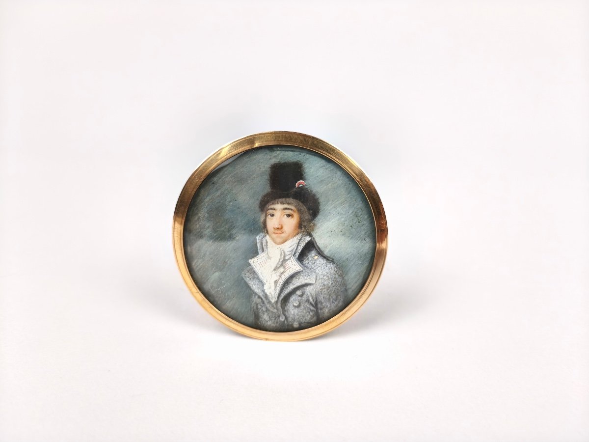 Miniature Portrait From The Revolutionary Period, Man With A Cockade, Gold Frame. 18th Century, Directory