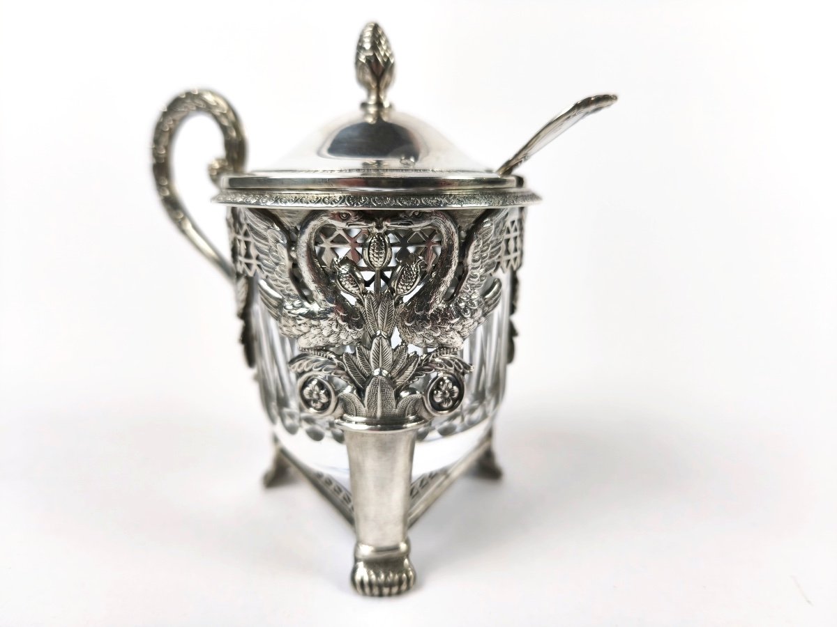 Ambroise Mignerot: Silver Mustard Pot, Swan Decor, Early 19th Century. Second Rooster Restoration.-photo-2