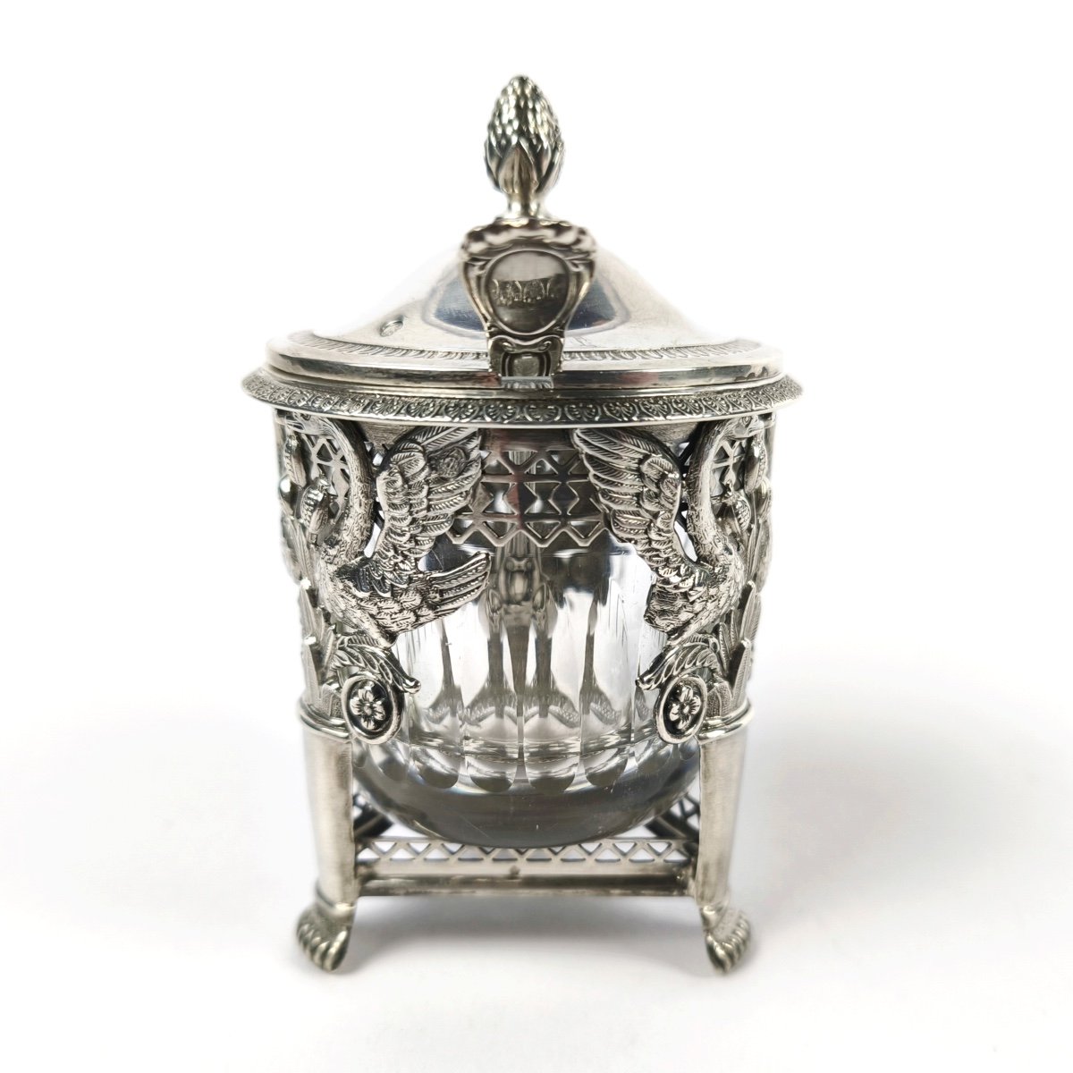 Ambroise Mignerot: Silver Mustard Pot, Swan Decor, Early 19th Century. Second Rooster Restoration.-photo-3