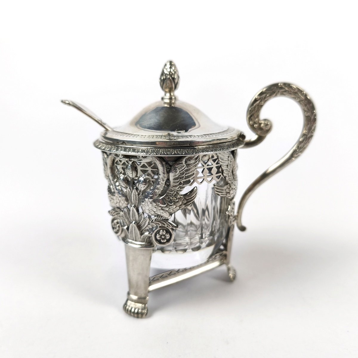 Ambroise Mignerot: Silver Mustard Pot, Swan Decor, Early 19th Century. Second Rooster Restoration.-photo-4