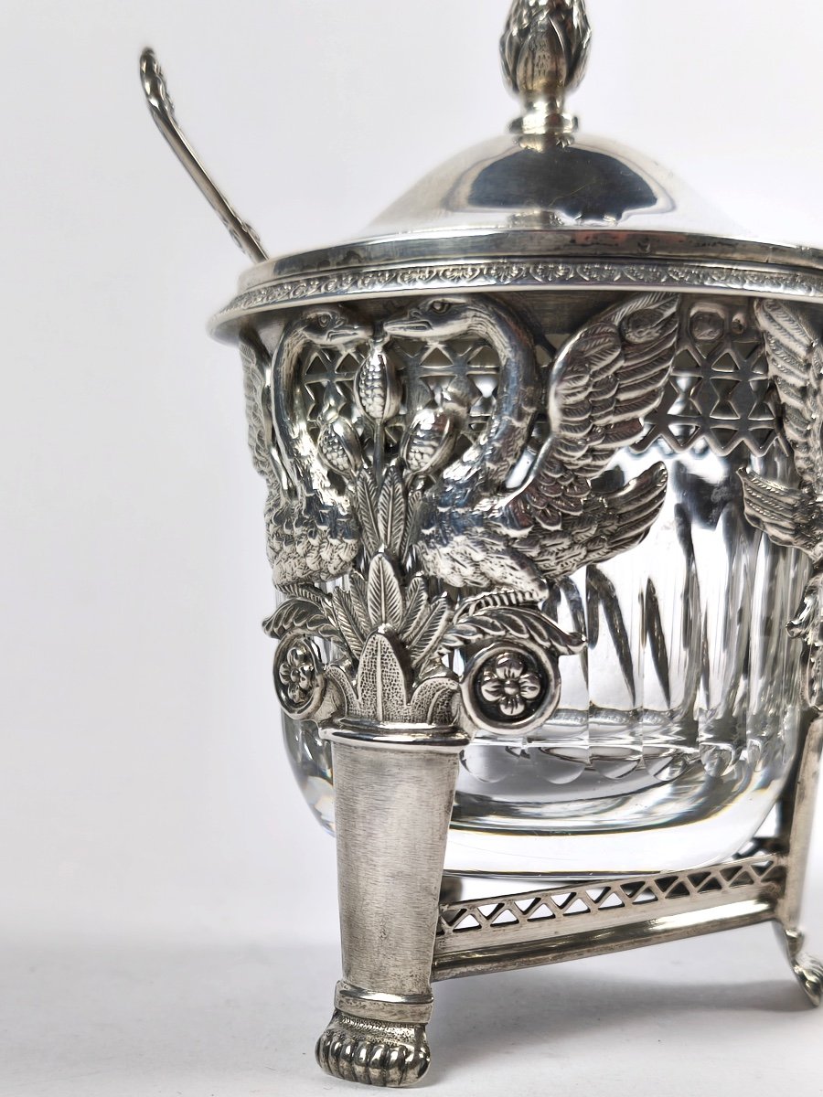 Ambroise Mignerot: Silver Mustard Pot, Swan Decor, Early 19th Century. Second Rooster Restoration.-photo-1