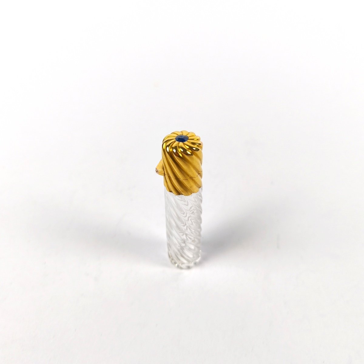 Superb Twisted Perfume Or Salt Bottle In Gold, Glass And Blue Cut Glass Imitating A Sapphire.