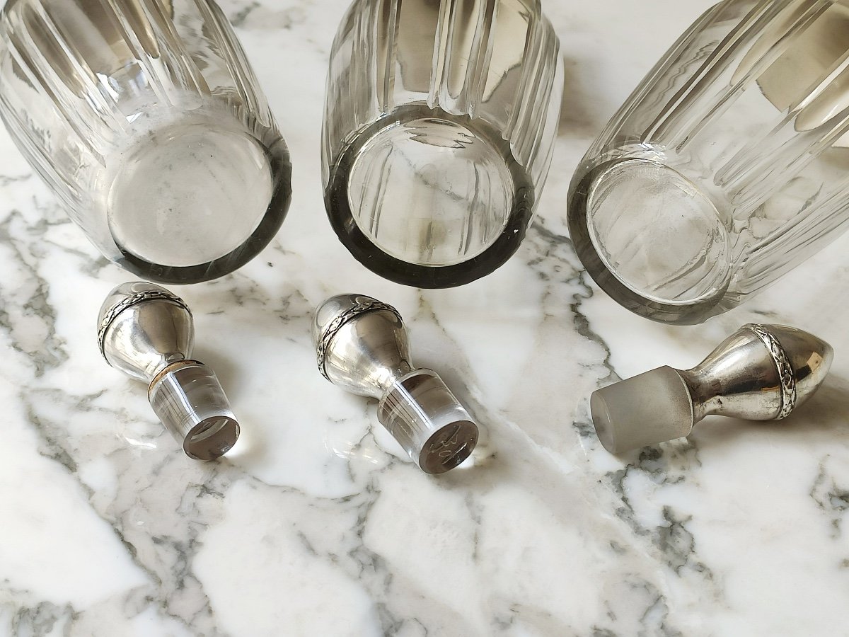 Adrien Mathiss  : Belle Suite De Trois Carafes &agrave; Alcool En Verre Et Argent Massif, St Louis XVI-photo-2