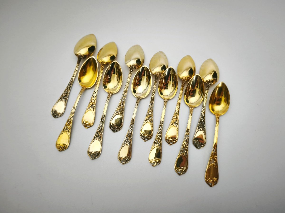 Puiforcat (d'ap): 12 Solid Silver & Gilt Art Nouveau Spoons With Irises Germany C1900-photo-3