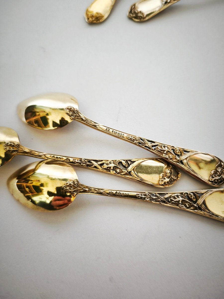 Puiforcat (d'ap): 12 Solid Silver & Gilt Art Nouveau Spoons With Irises Germany C1900-photo-1