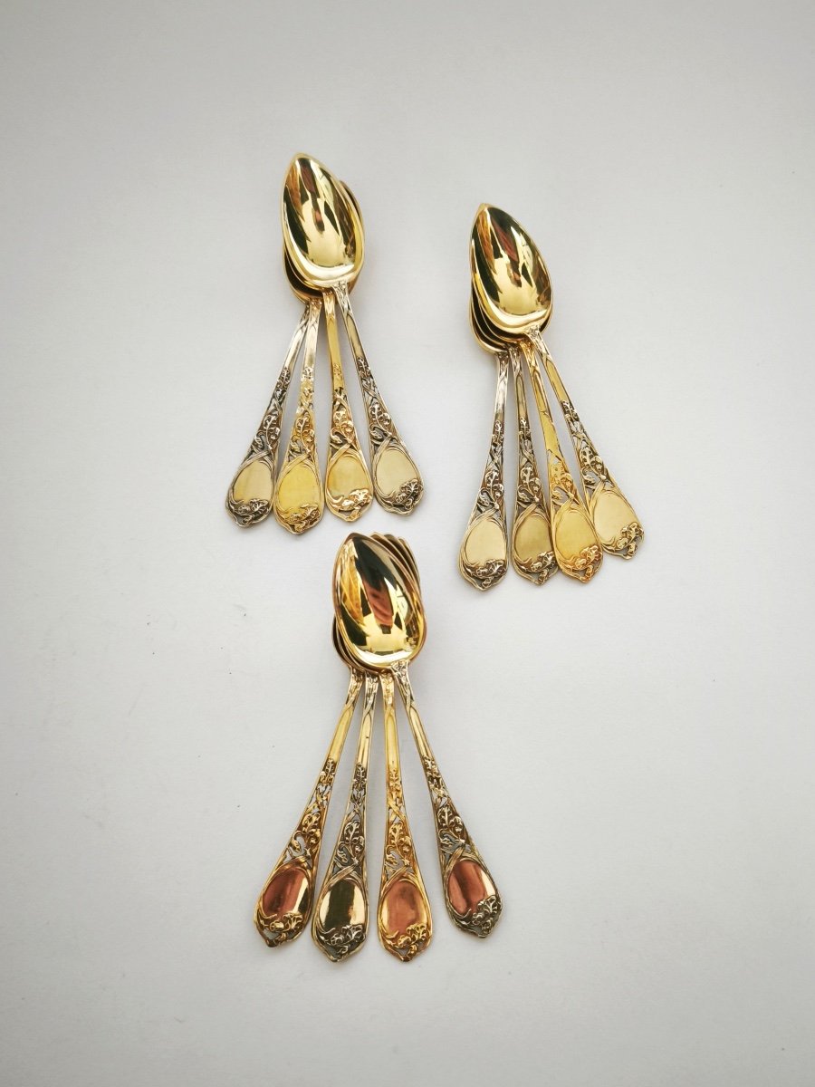 Puiforcat (d'ap): 12 Solid Silver & Gilt Art Nouveau Spoons With Irises Germany C1900-photo-2