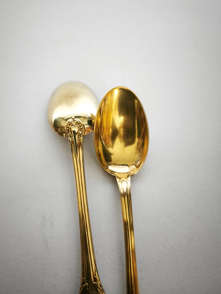 Orfèvre Richard: Six Silver-gilt Mocha Spoons, Louis XVI Style Pearl Model. 20th Century-photo-2