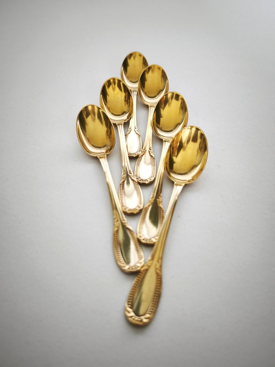 Orfèvre Richard: Six Silver-gilt Mocha Spoons, Louis XVI Style Pearl Model. 20th Century-photo-4