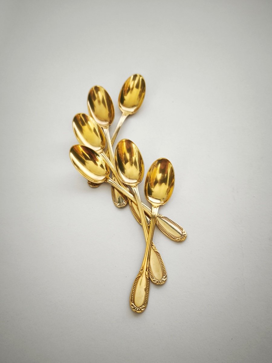 Orfèvre Richard: Six Silver-gilt Mocha Spoons, Louis XVI Style Pearl Model. 20th Century