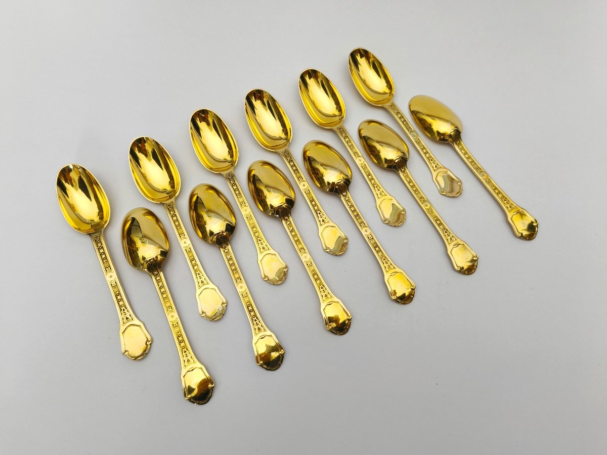 Tétard: Rare Dessert Spoons In Sterling Silver Vermeil From St. Louis XIV. Versailles Model-photo-2