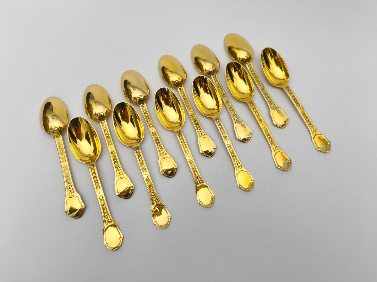 Tétard: Rare Dessert Spoons In Sterling Silver Vermeil From St. Louis XIV. Versailles Model-photo-3