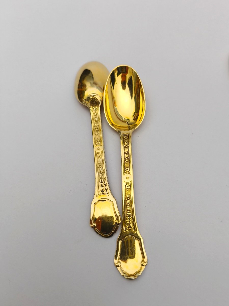 Tétard: Rare Dessert Spoons In Sterling Silver Vermeil From St. Louis XIV. Versailles Model-photo-1