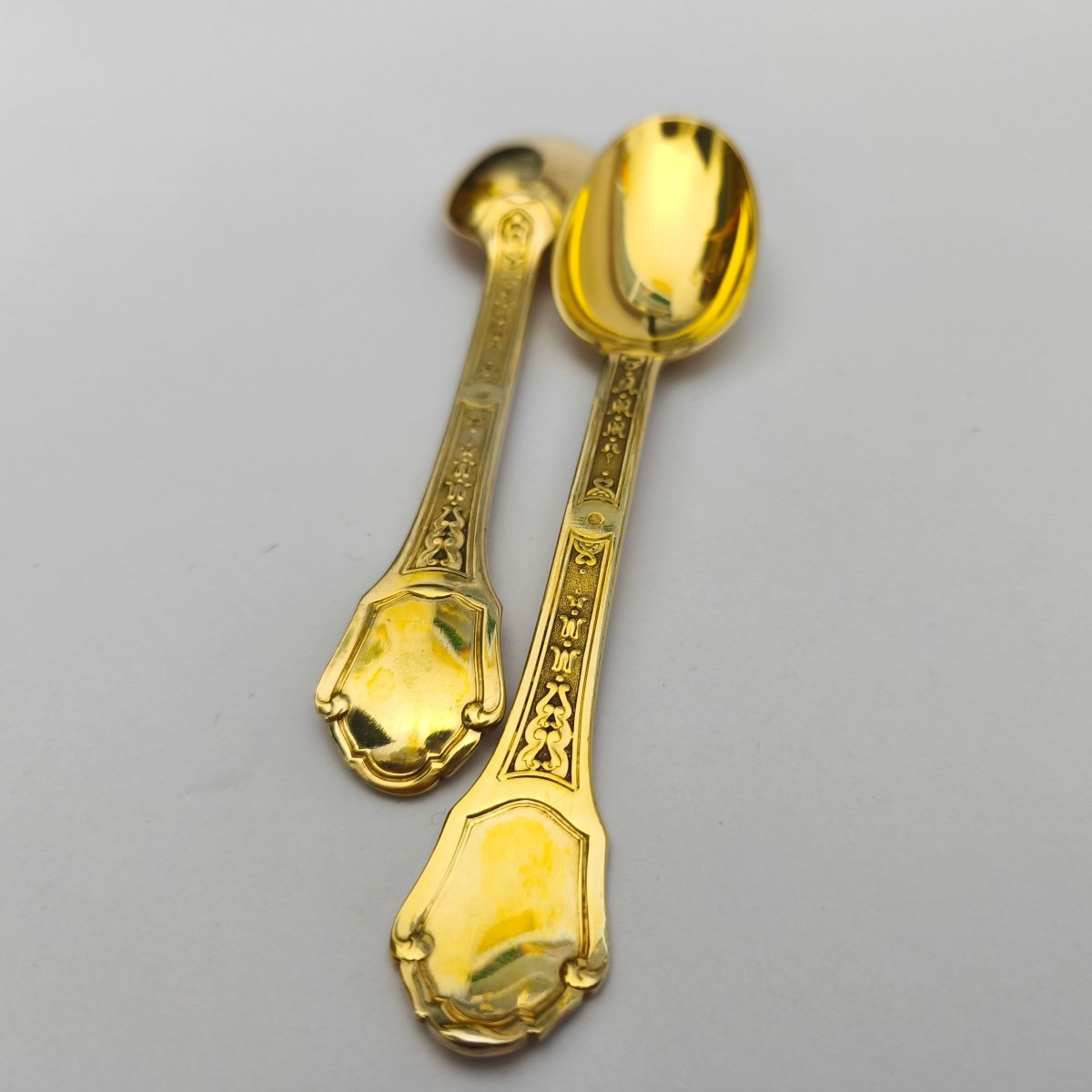 Tétard: Rare Dessert Spoons In Sterling Silver Vermeil From St. Louis XIV. Versailles Model-photo-2