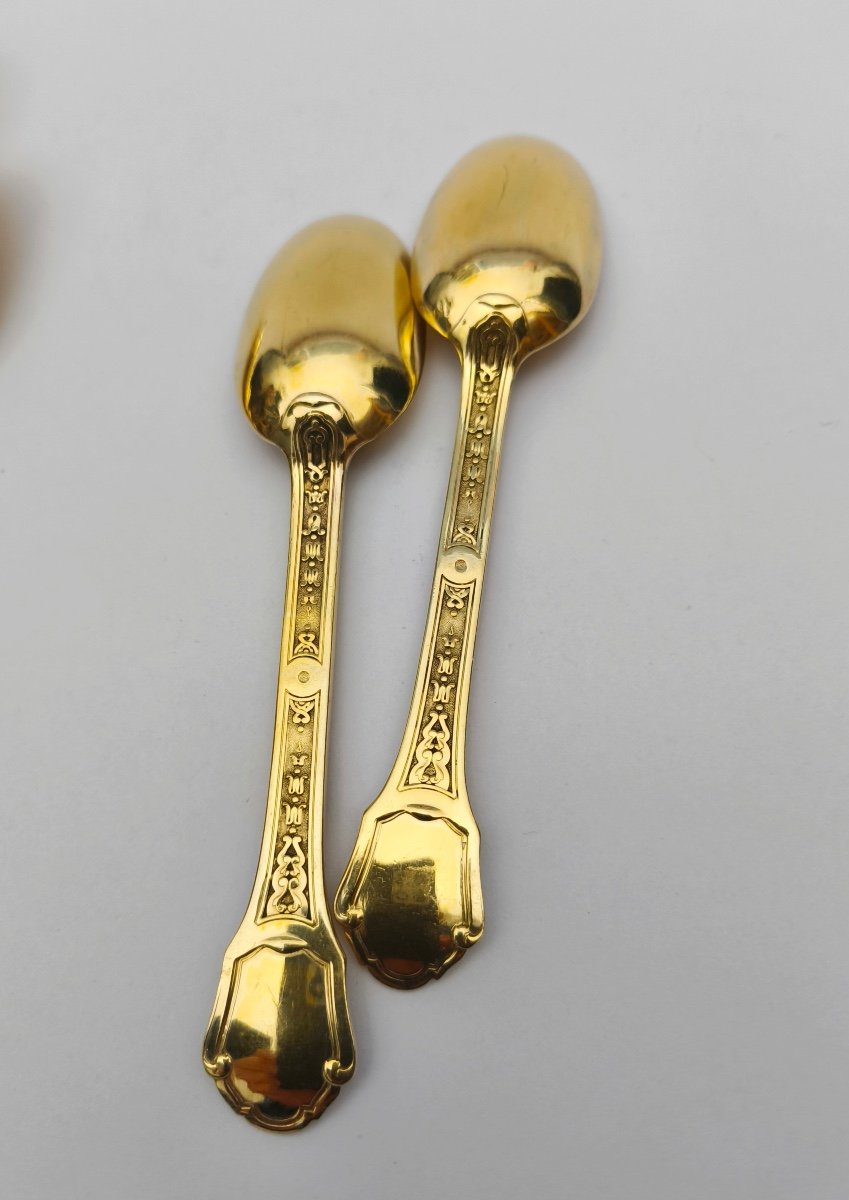 Tétard: Rare Dessert Spoons In Sterling Silver Vermeil From St. Louis XIV. Versailles Model-photo-3