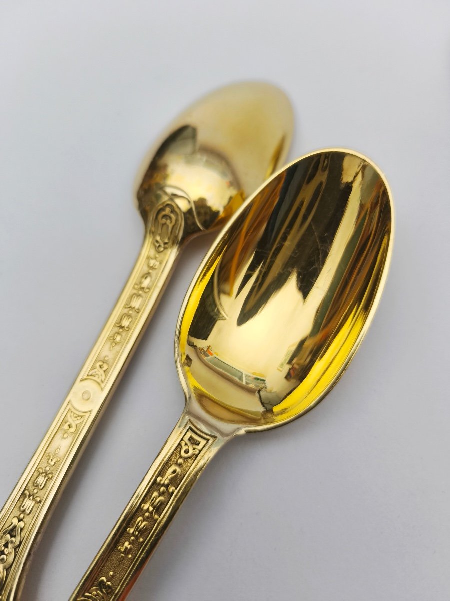 Tétard: Rare Dessert Spoons In Sterling Silver Vermeil From St. Louis XIV. Versailles Model-photo-5