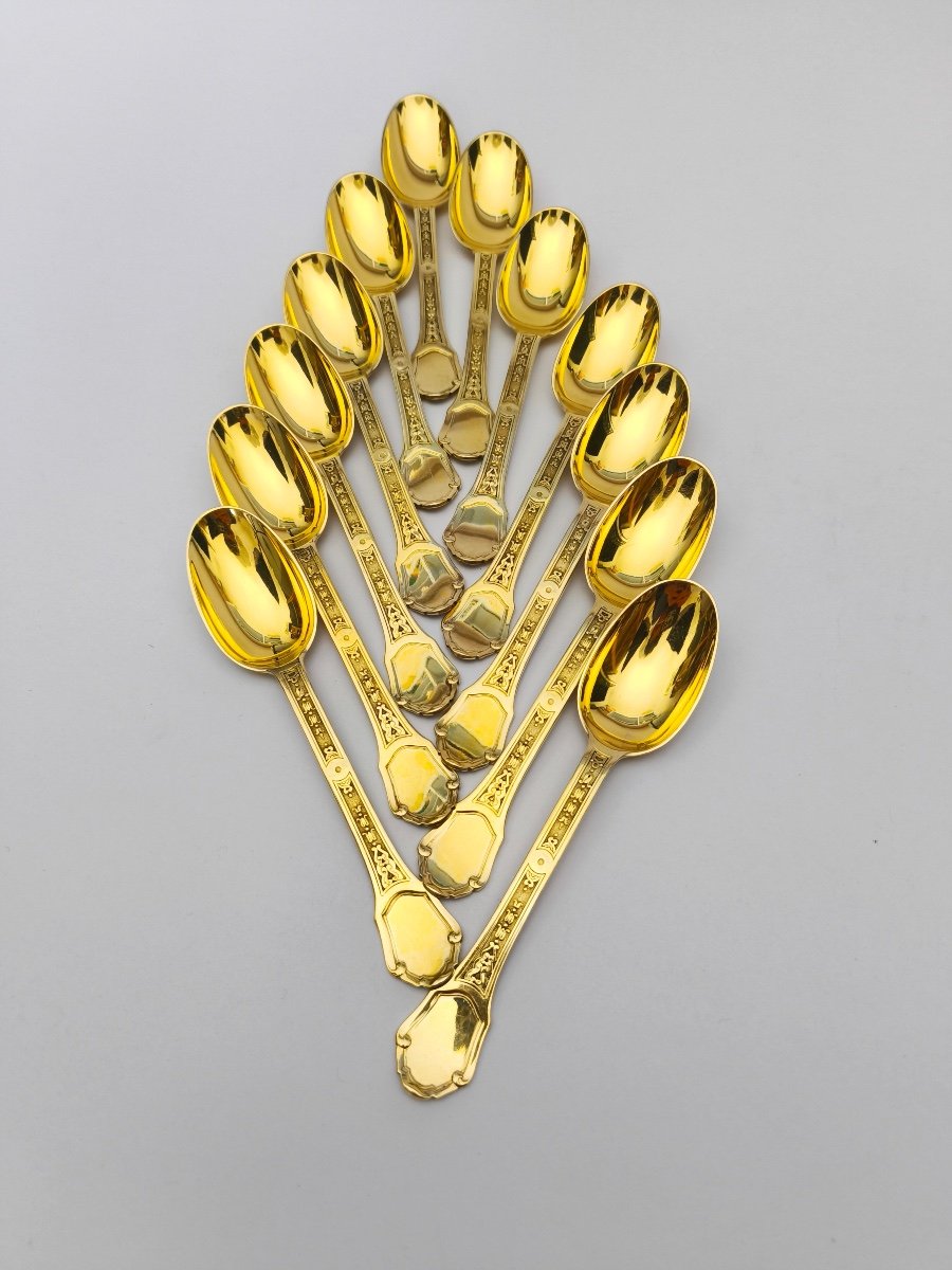 Tétard: Rare Dessert Spoons In Sterling Silver Vermeil From St. Louis XIV. Versailles Model-photo-6