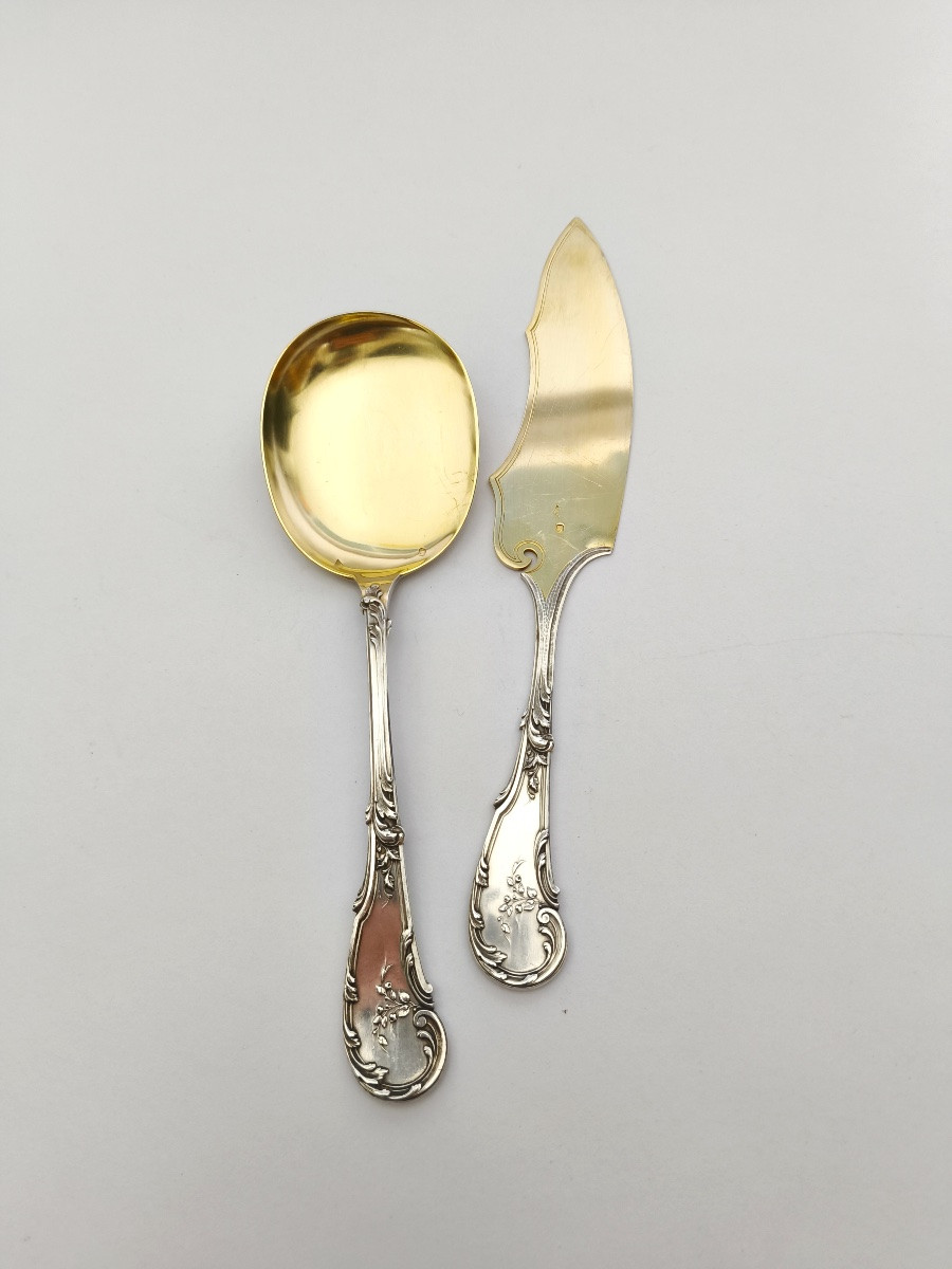 Cardeilhac: Heavy Ice Cream Serving Set, Solid Silver & Vermeil, Late 19th Century. St. Louis XV-photo-4