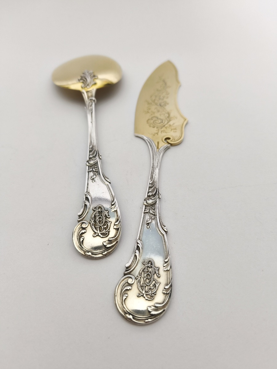 Cardeilhac: Heavy Ice Cream Serving Set, Solid Silver & Vermeil, Late 19th Century. St. Louis XV-photo-2