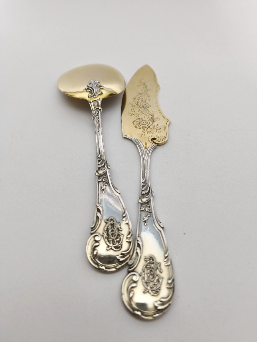 Cardeilhac: Heavy Ice Cream Serving Set, Solid Silver & Vermeil, Late 19th Century. St. Louis XV-photo-6