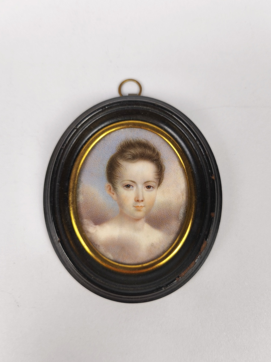 Miniature Funeral Or Mourning Portrait Of A Child / Young Boy In The Clouds. Early 19th Century