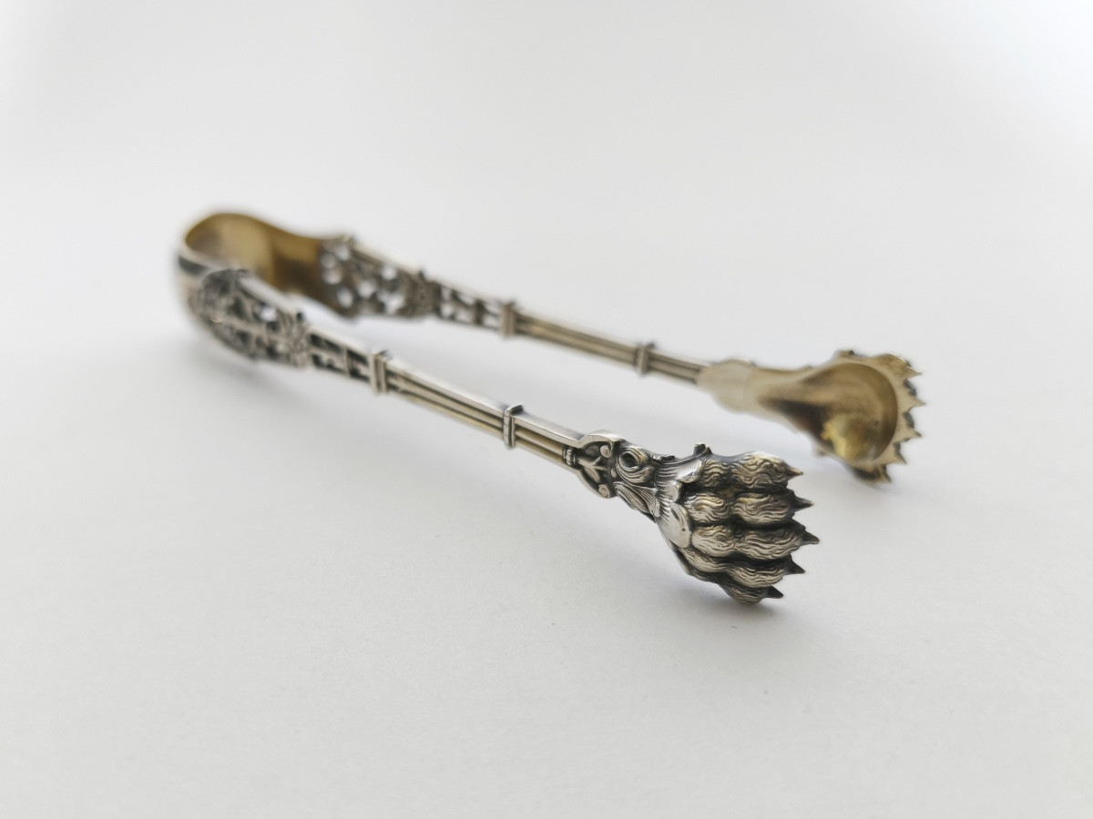 Puiforcat: Neo-gothic Sugar Tongs In Openwork Solid Silver, Ironwork Model, Late 19th Century. -photo-4