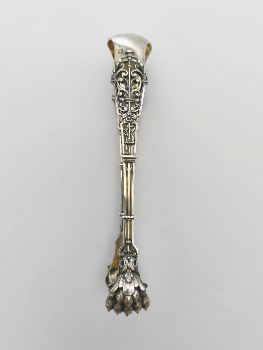 Puiforcat: Neo-gothic Sugar Tongs In Openwork Solid Silver, Ironwork Model, Late 19th Century. -photo-1