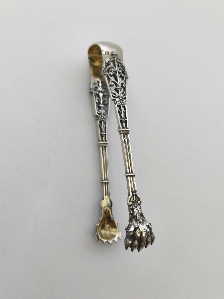 Puiforcat: Neo-gothic Sugar Tongs In Openwork Solid Silver, Ironwork Model, Late 19th Century. -photo-2