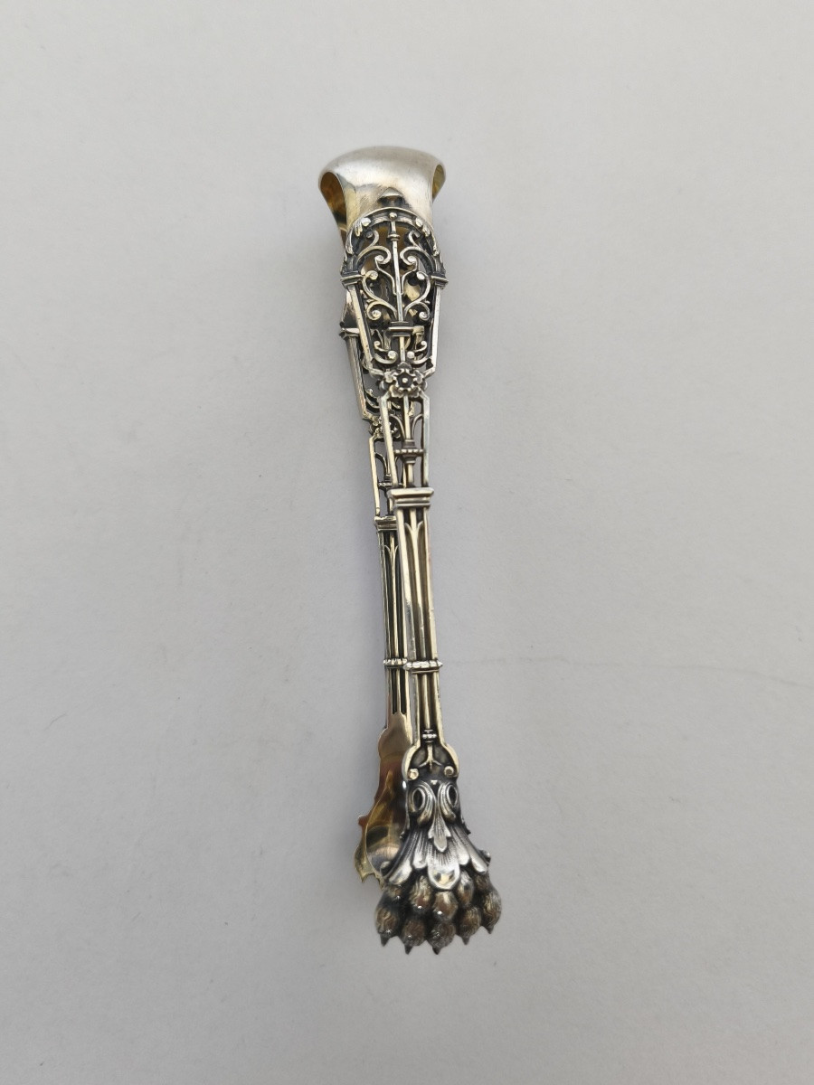 Puiforcat: Neo-gothic Sugar Tongs In Openwork Solid Silver, Ironwork Model, Late 19th Century. -photo-4