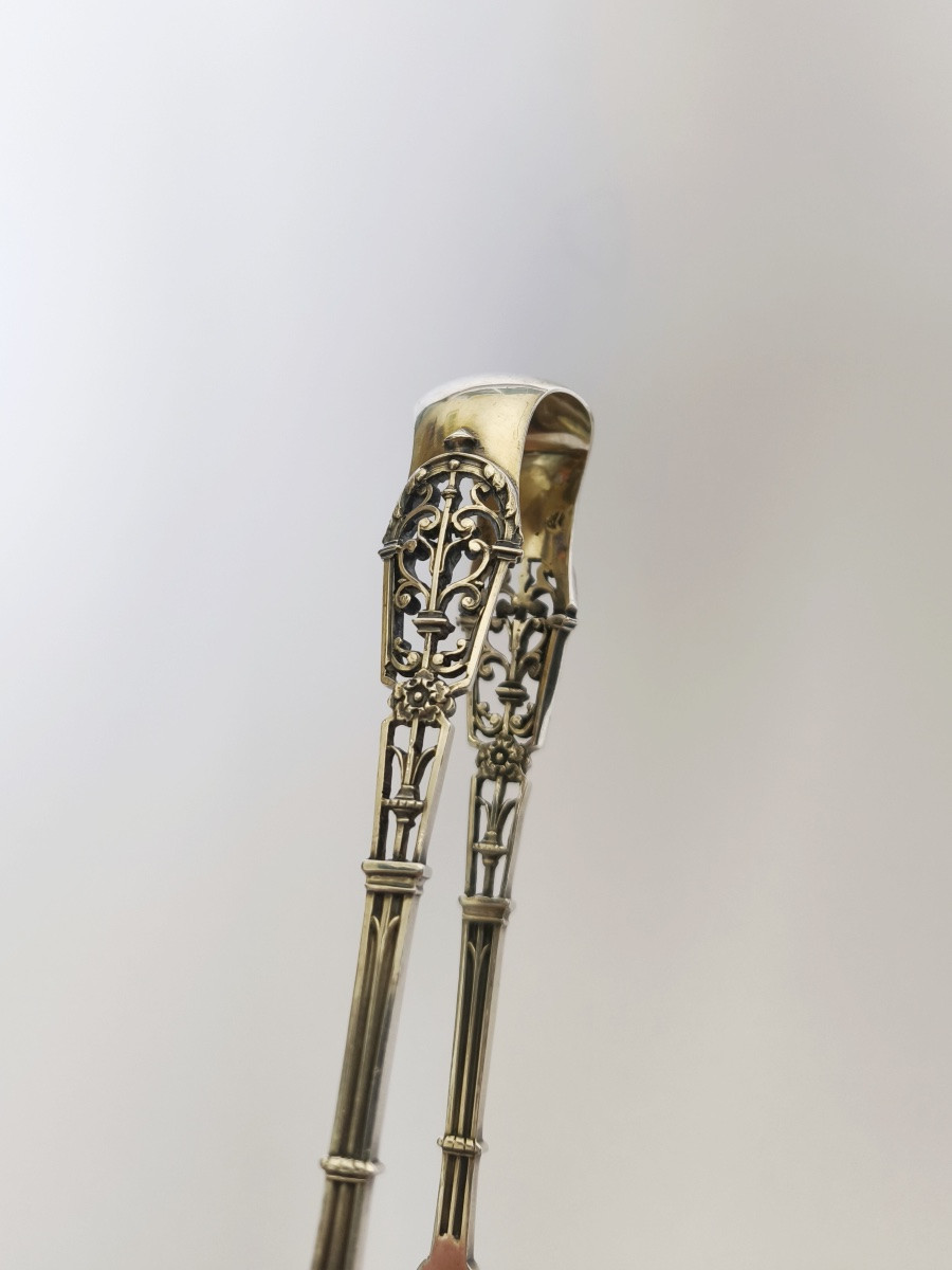 Puiforcat: Neo-gothic Sugar Tongs In Openwork Solid Silver, Ironwork Model, Late 19th Century. -photo-5