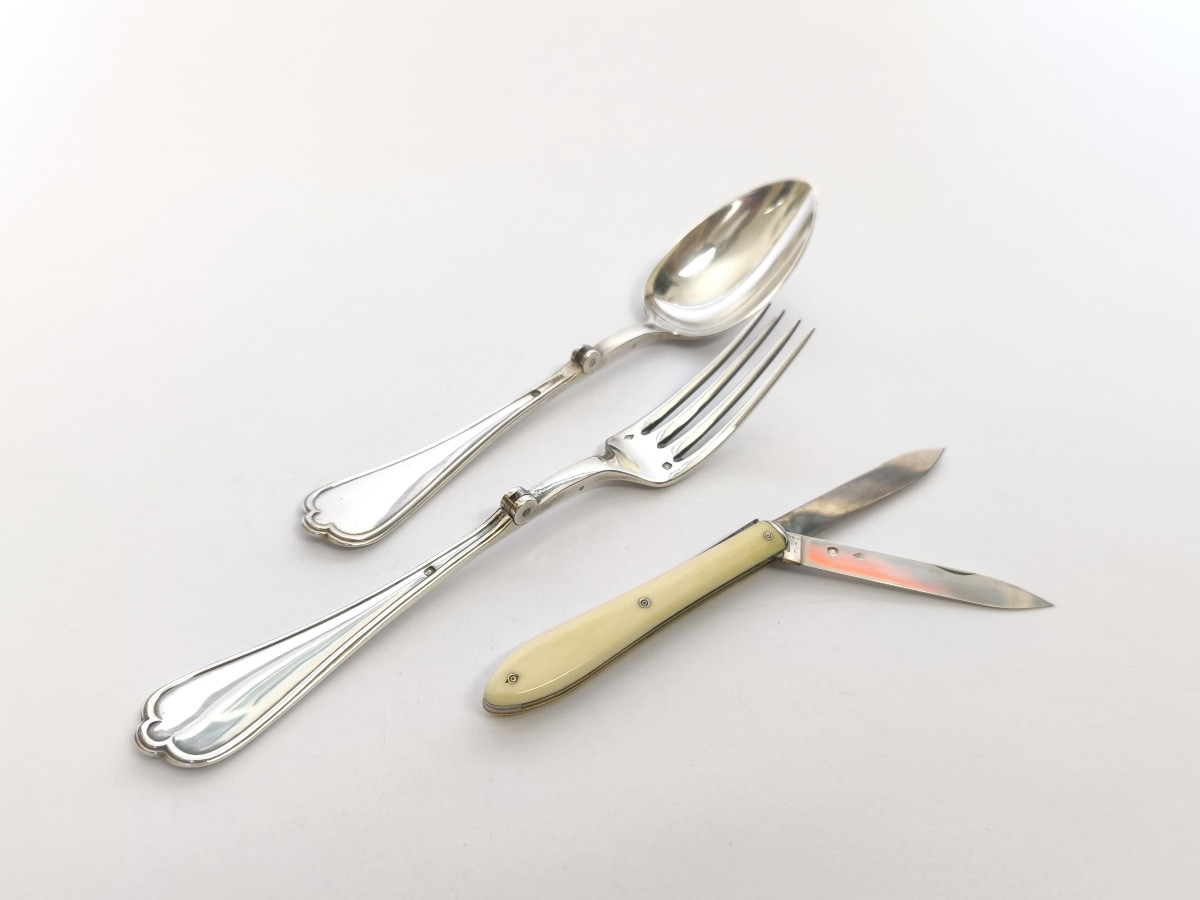 Tallois (?): Solid Silver Folding Travel Cutlery And Its Two-blade Knife / Penknife. -photo-1