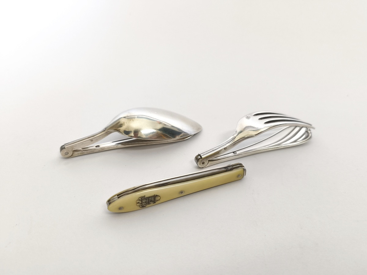 Tallois (?): Solid Silver Folding Travel Cutlery And Its Two-blade Knife / Penknife. -photo-5