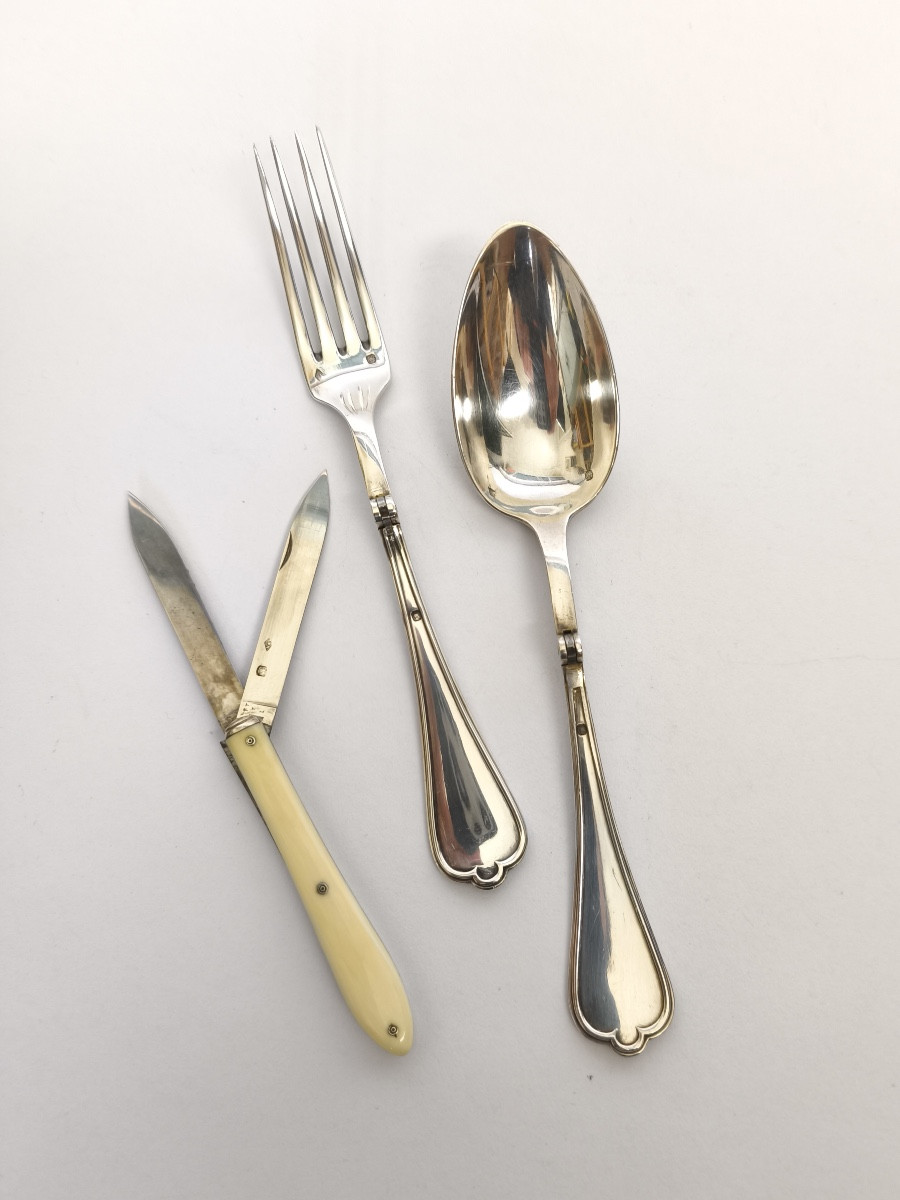 Tallois (?): Solid Silver Folding Travel Cutlery And Its Two-blade Knife / Penknife. 