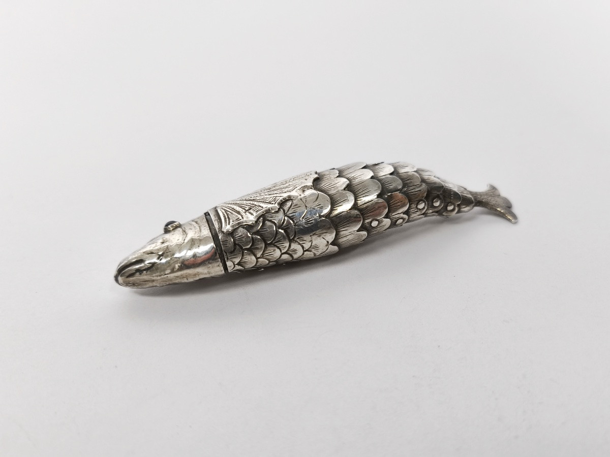 Judaica : Boite à épices Bessamim En Argent Massif En Forme De Poisson Articulé.-photo-3