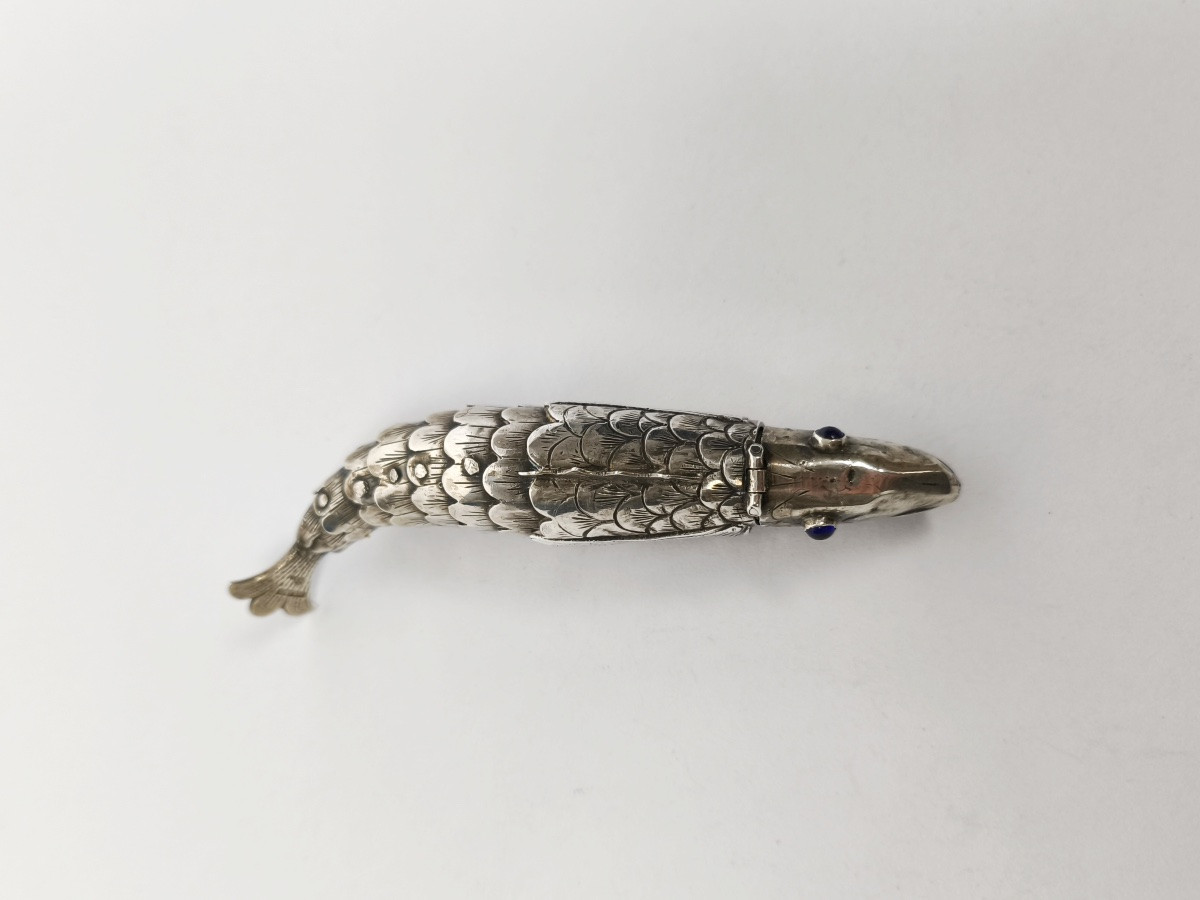 Judaica : Boite à épices Bessamim En Argent Massif En Forme De Poisson Articulé.-photo-4