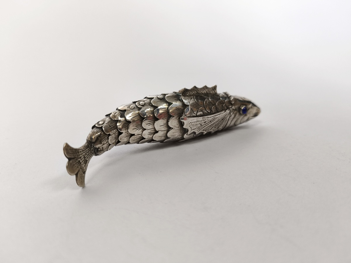 Judaica : Boite à épices Bessamim En Argent Massif En Forme De Poisson Articulé.-photo-6