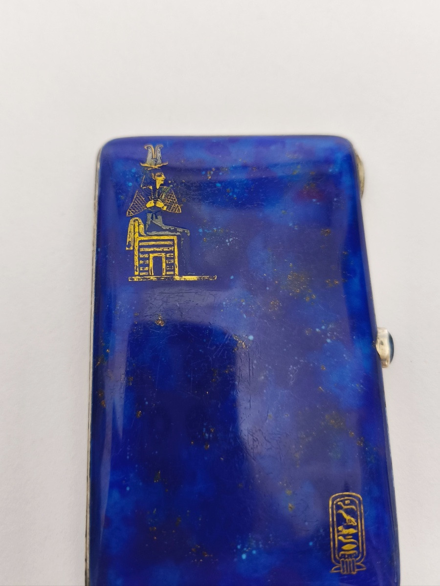 Louis Kuppenheim (?): Case In Solid Silver Enameled With Lapis Lazuli And Vermeil. Egyptian Decoration. -photo-2