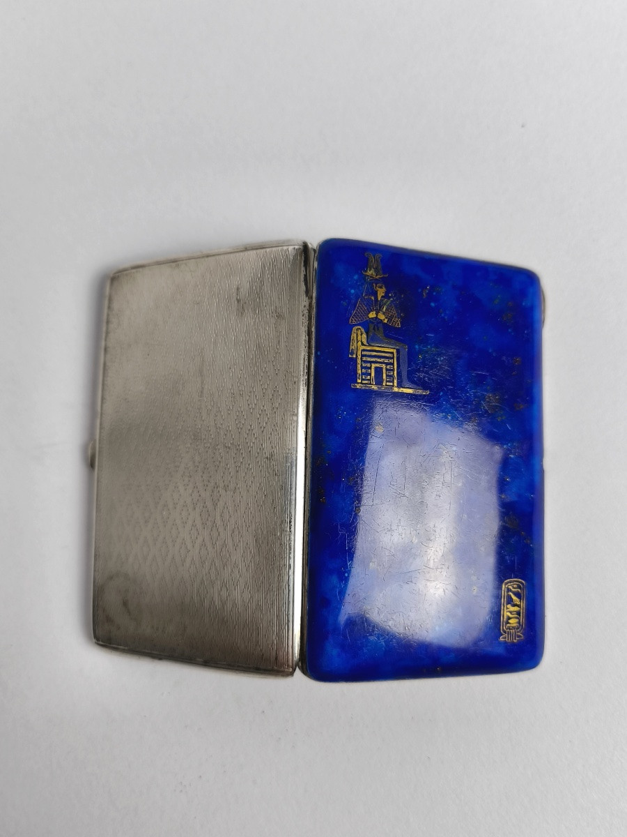 Louis Kuppenheim (?): Case In Solid Silver Enameled With Lapis Lazuli And Vermeil. Egyptian Decoration. -photo-4