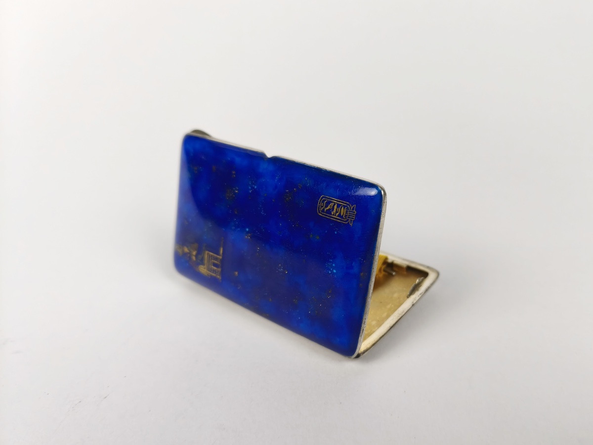 Louis Kuppenheim (?): Case In Solid Silver Enameled With Lapis Lazuli And Vermeil. Egyptian Decoration. -photo-5