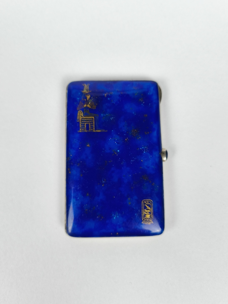 Louis Kuppenheim (?): Case In Solid Silver Enameled With Lapis Lazuli And Vermeil. Egyptian Decoration. 