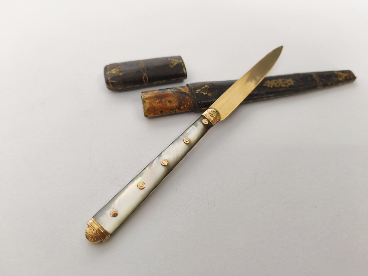 Straight Knife In Mother-of-pearl And Solid Gold From The 18th And 19th Centuries. 18th Century-photo-6