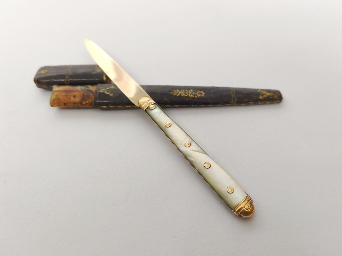 Straight Knife In Mother-of-pearl And Solid Gold From The 18th And 19th Centuries. 18th Century-photo-7